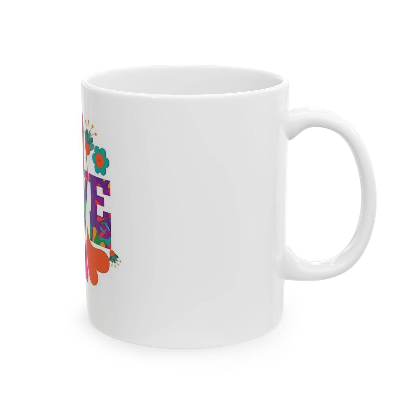 “Retro Love Mug – Colorful Hearts & Flowers Ceramic Coffee Cup, 11oz – Groovy Hippie 70s Style Gift”