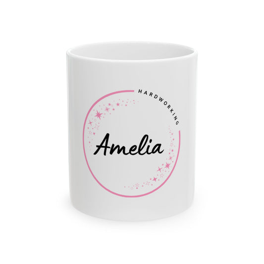 Personalized Ceramic Mug Amelia "Hardworking"- Custom Name Mug, Gift for Her, Coffee Cup, Unique Birthday Present, Creative Office Mug