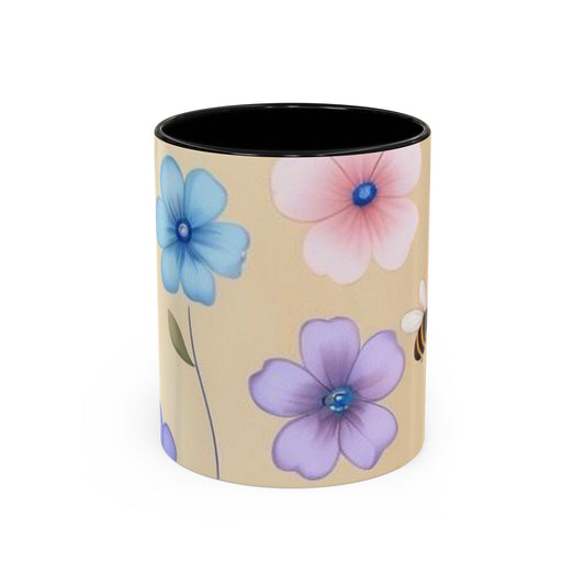 Floral Accent Coffee Mug, Bee Decorated Cup, Flower Mug Gift, Spring Mug, Tea Lover's Drinkware