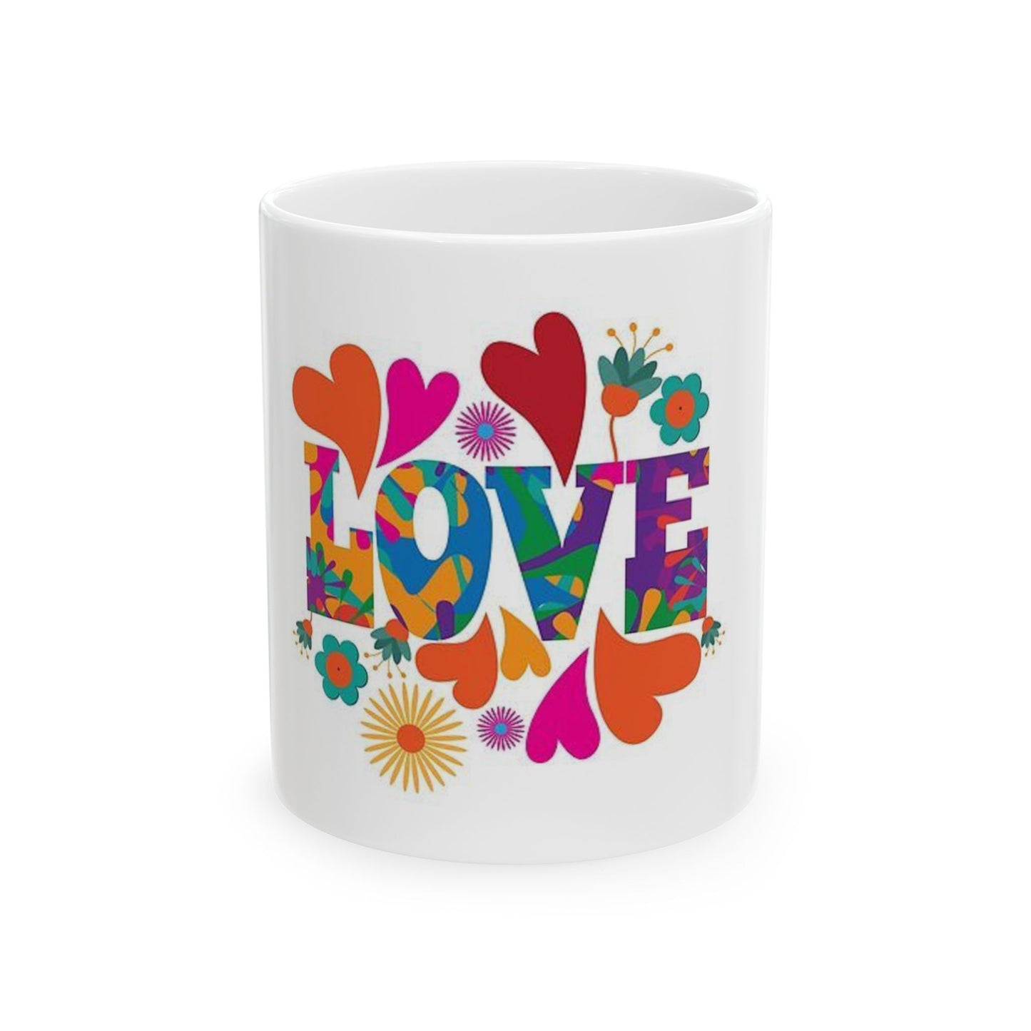 “Retro Love Mug – Colorful Hearts & Flowers Ceramic Coffee Cup, 11oz – Groovy Hippie 70s Style Gift”