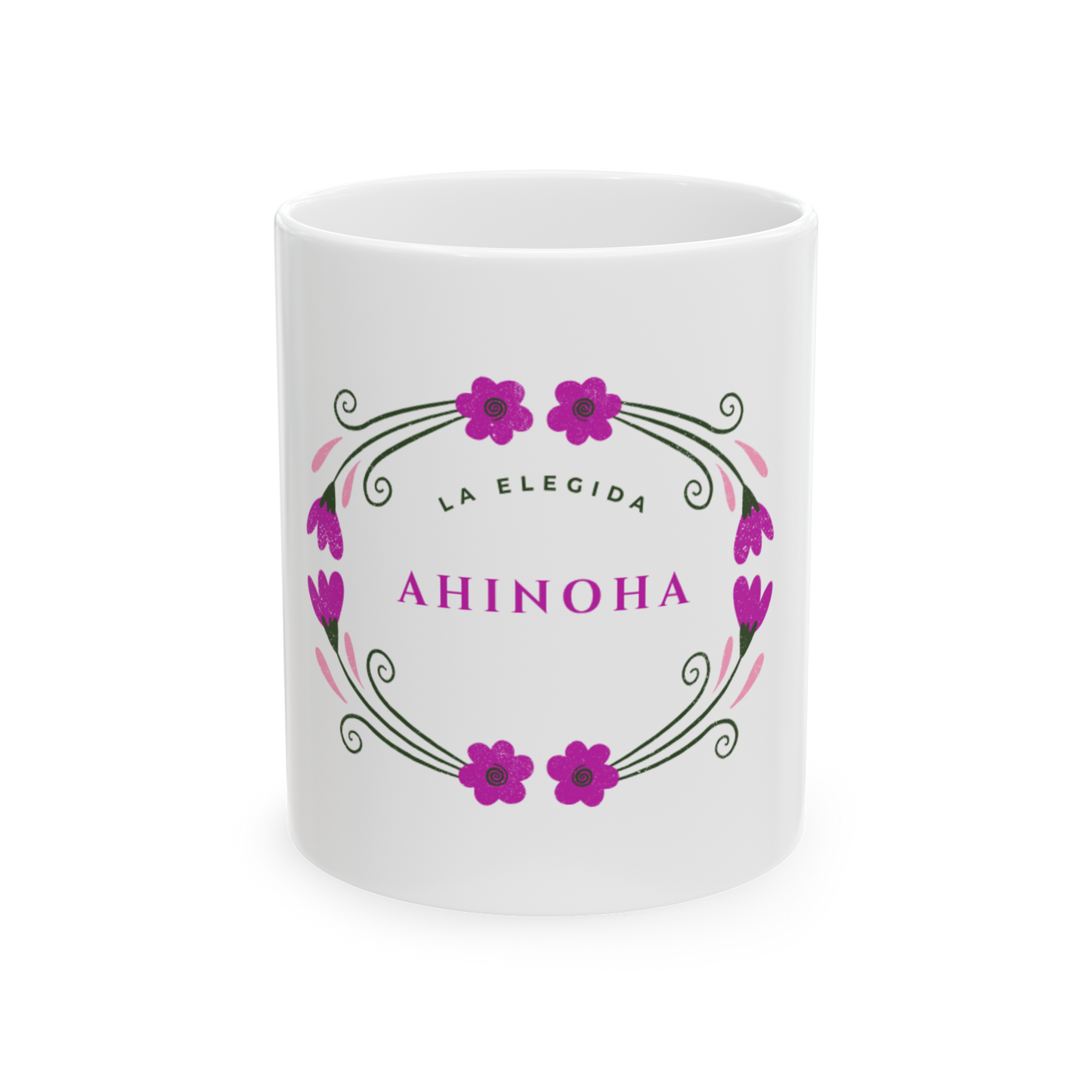 Taza AHINOHA 11 oz – Nombre de Origen Vasco, Diseño Floral Femenino y Elegante, Regalo Especial para Mujer