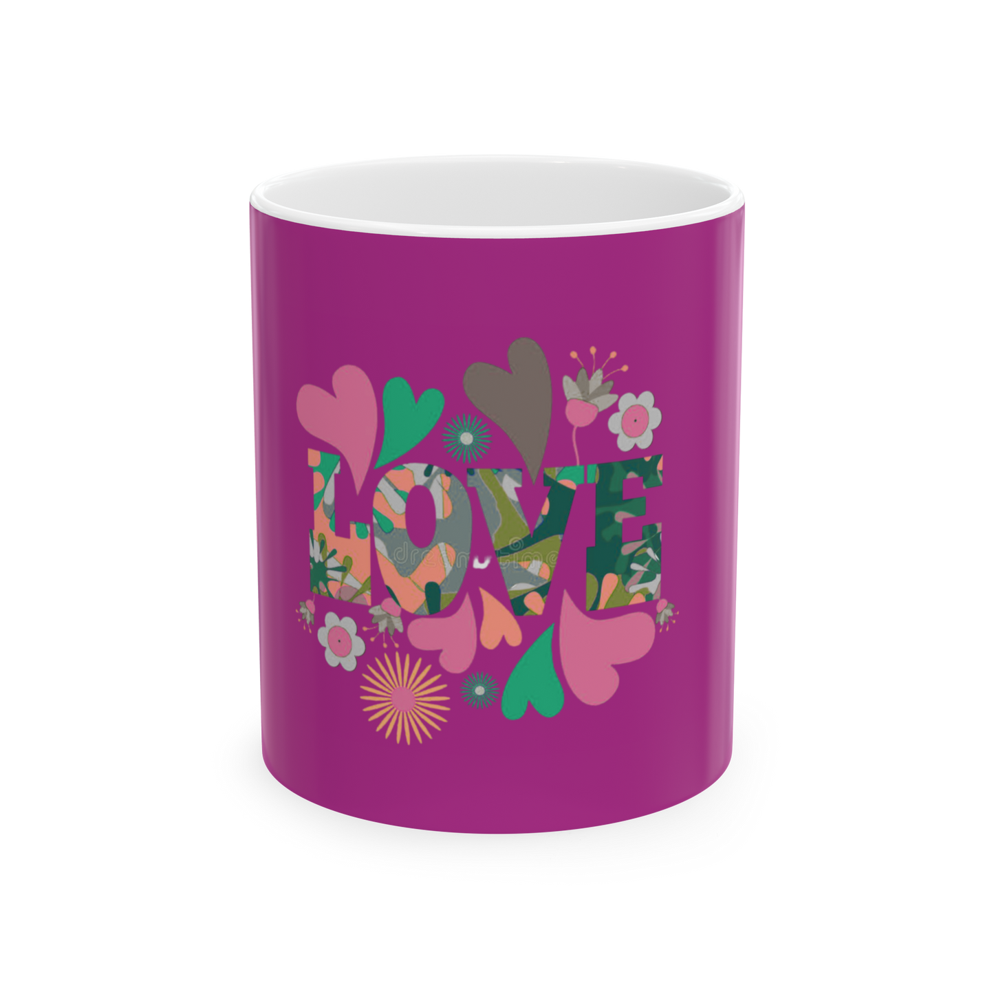 “Retro Love Mug – Colorful Hearts & Flowers Ceramic Coffee Cup, 11oz – Groovy Hippie 70s Style Gift”