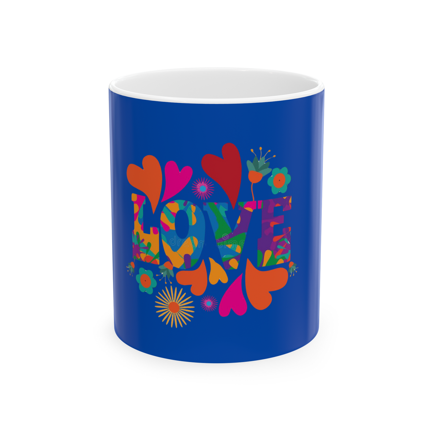 “Retro Love Mug – Colorful Hearts & Flowers Ceramic Coffee Cup, 11oz – Groovy Hippie 70s Style Gift”
